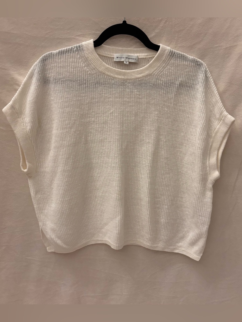 White + Warren Cream 100% Linen Short-Sleeve Knit Pullover